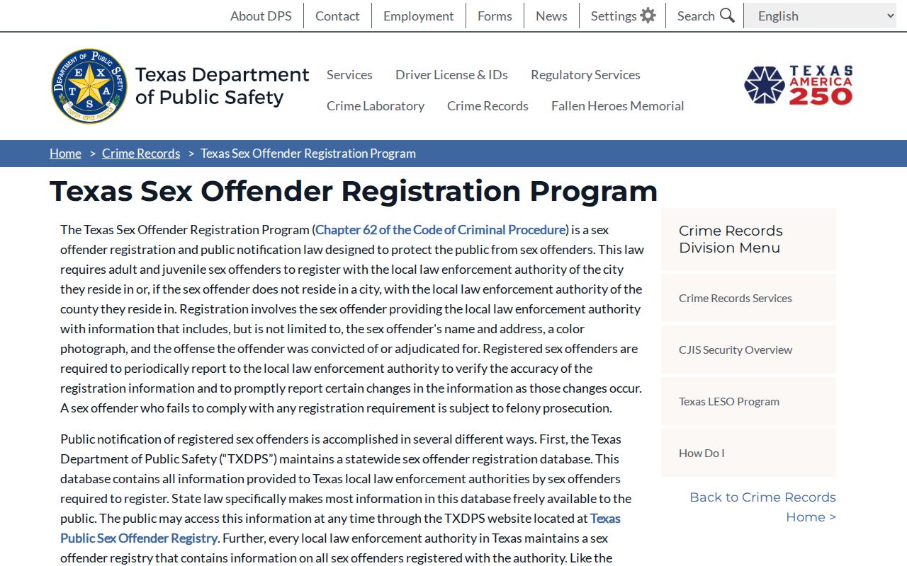 Rusk County sex offender registration program explanation from Texas DPS