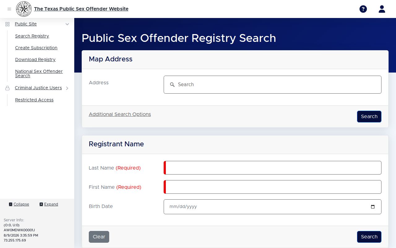 Rusk County sex offender registry name and address search interface